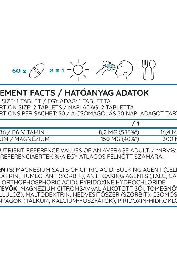 Nutriversum Mg+B6 supplement facts showing magnesium and B6 content per serving in a clear layout.
