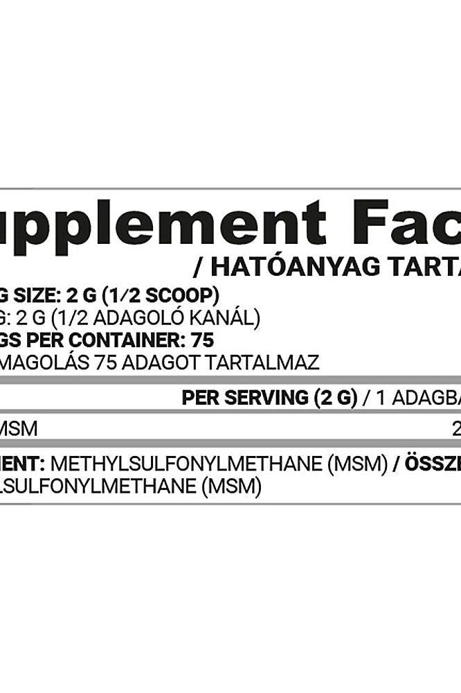 MSM Powder supplement facts label, detailing serving size and ingredients for nutritional information.