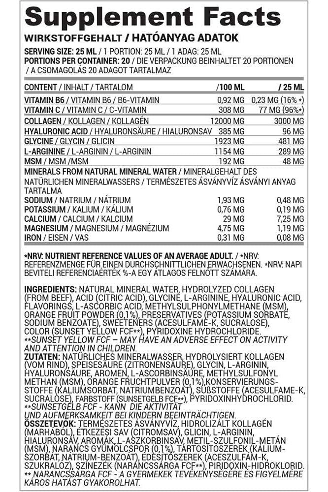 Nutriversum MSM+C Hyaluron Collagen Liquid Supplement Facts with nutritional information and ingredients.