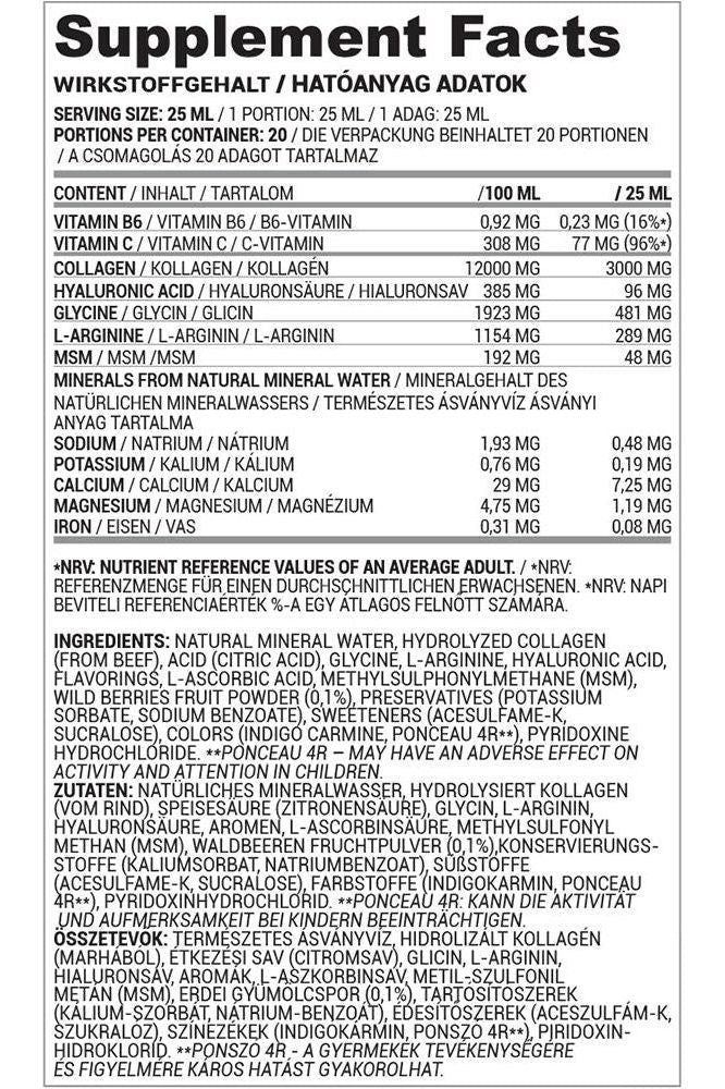 Nutriversum MSM+C Hyaluron Collagen Liquid Supplement Facts label detailing ingredients and nutritional information.