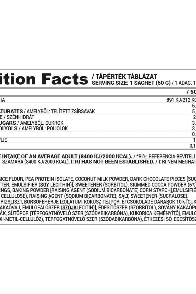 Nutrition facts label for Nutriversum DESSERT Mug Cake showing calorie and ingredient information.