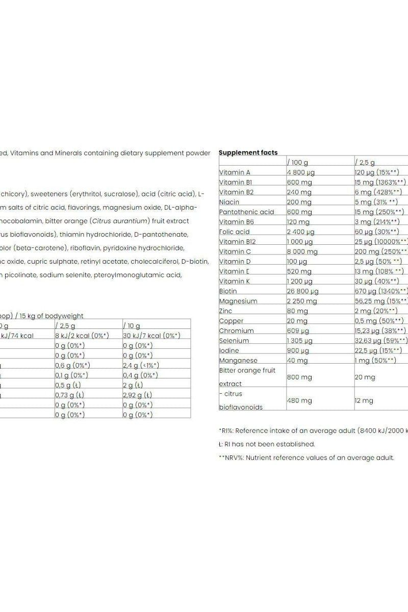 Nutriversum Multi Powder supplement facts listing vitamins and minerals in a clear format.