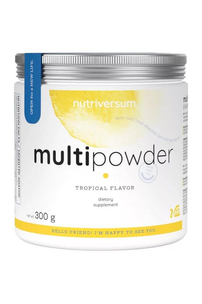 Nutriversum Multi Powder in tropical flavor, a 300g dietary supplement in a stylish container.