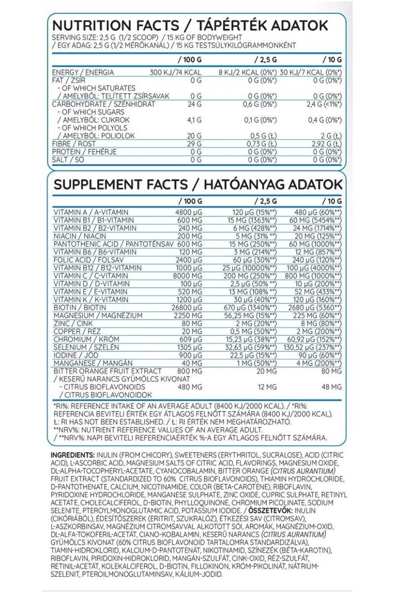 Nutrition label of Nutriversum Multi Powder showing energy and supplement facts.