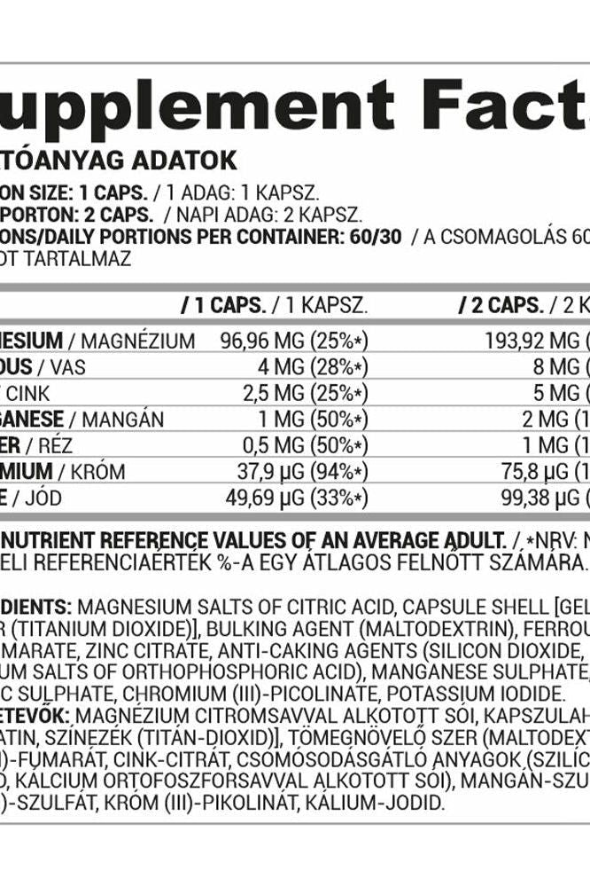 Supplement facts for Nutriversum Multimineral Caps Pro, showing mineral content per capsule.