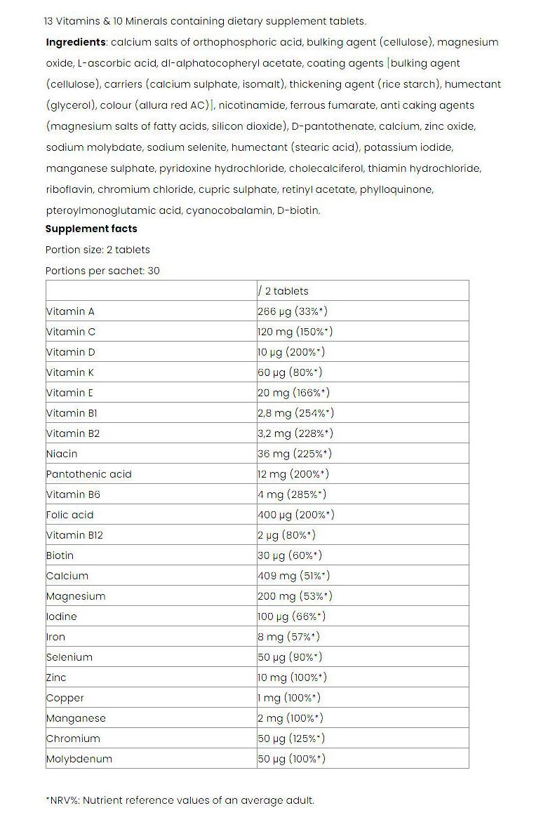 Nutriversum Multi Vita supplement facts and ingredients list showing vitamins and minerals.