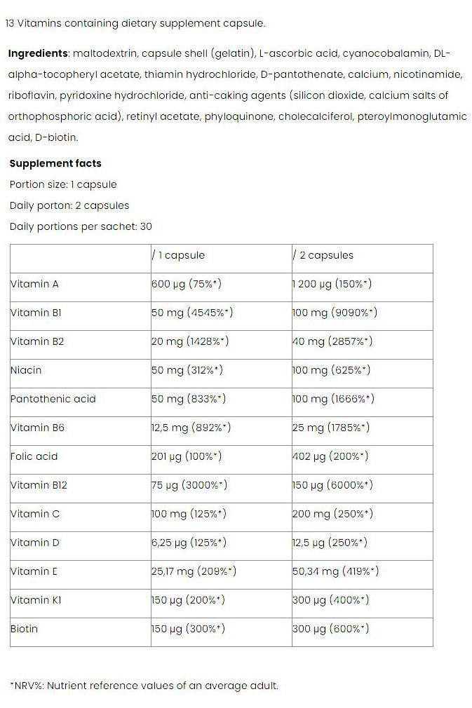 Nutriversum Multivitamin Caps Pro supplement facts table showing vitamins and nutrients per capsule.