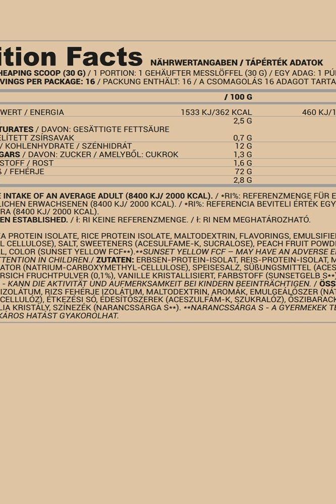 Nutriversum Pea & Rice Vegan Protein nutritional facts table, showcasing protein content and ingredients.