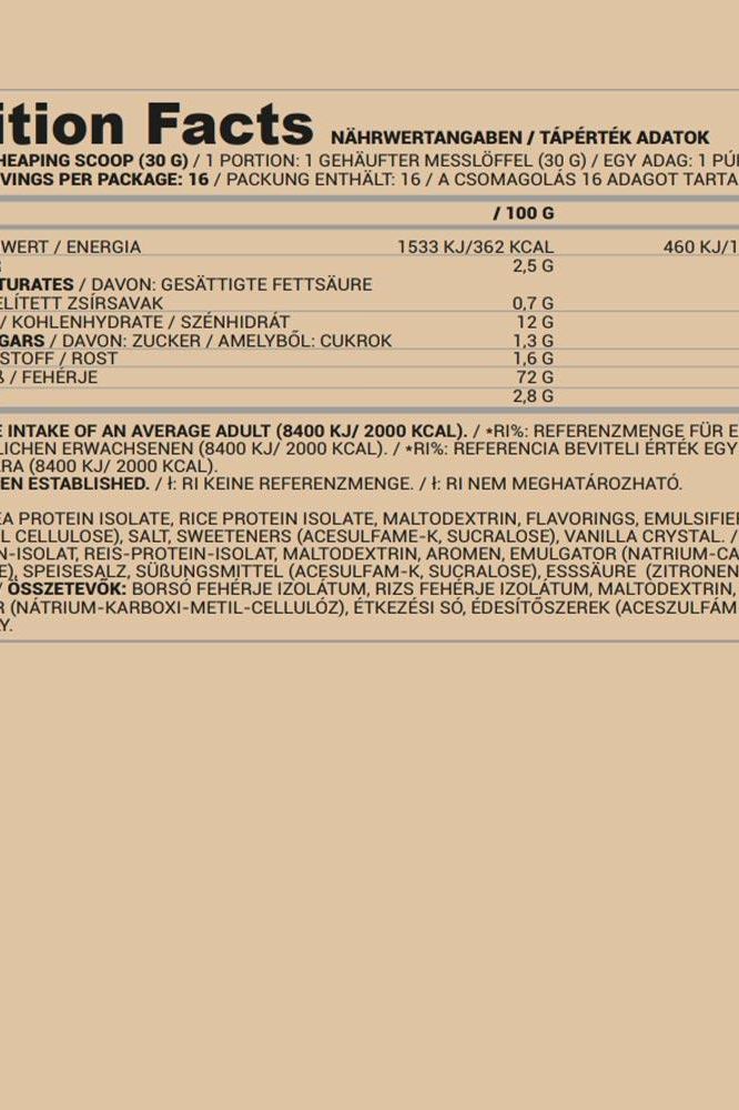 Nutriversum Pea & Rice Vegan Protein nutrition facts label, highlighting protein content and calories per serving.