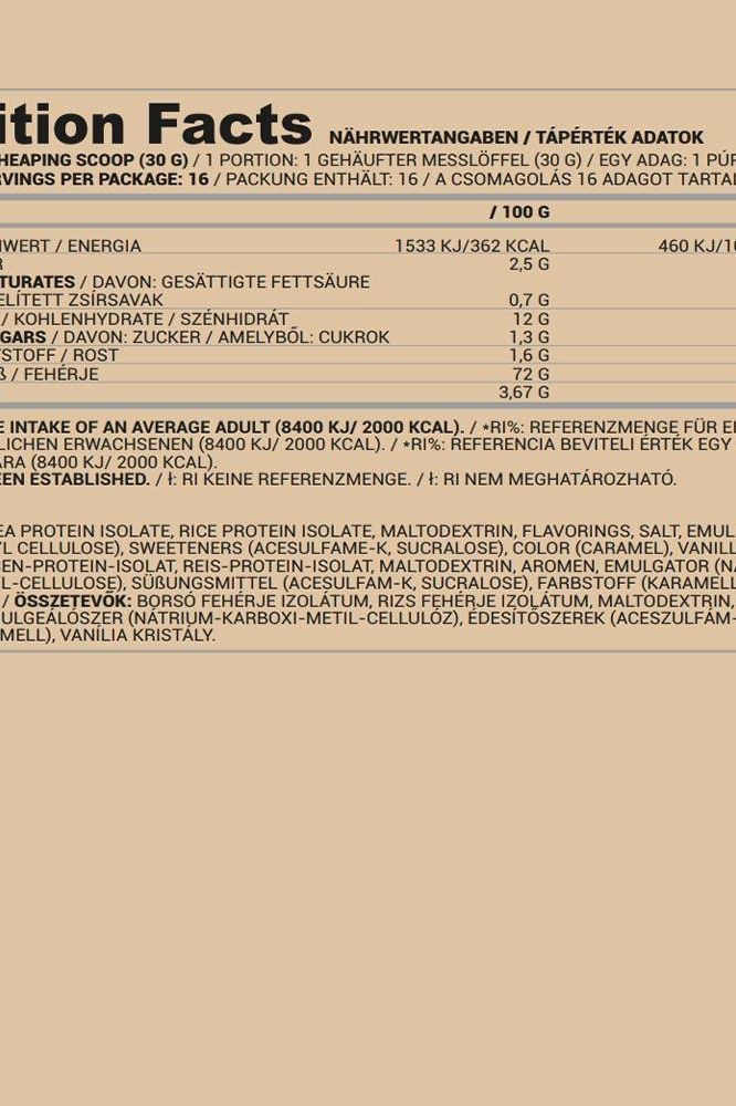 Nutriversum Pea & Rice Vegan Protein nutrition facts panel showing serving size and nutritional information.