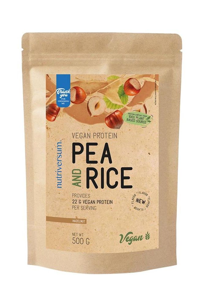 Nutriversum Pea & Rice Vegan Protein package, 500g, offers 22g of vegan protein per serving, 100% plant-based.