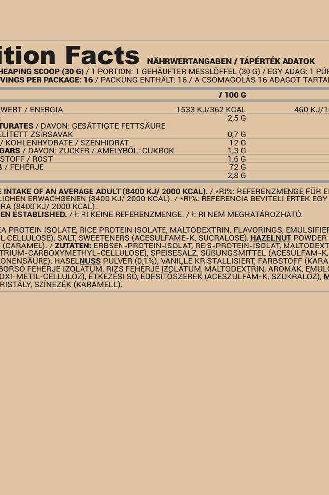 Nutriversum Pea and Rice Vegan Protein nutrition facts panel displaying serving size, calories, and nutrients.