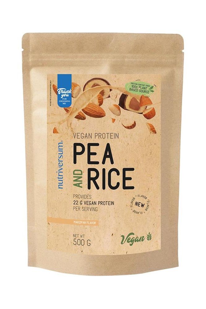 Nutriversum Pea and Rice Vegan Protein 500g package, high in protein, 100% plant-based and lactose-free.