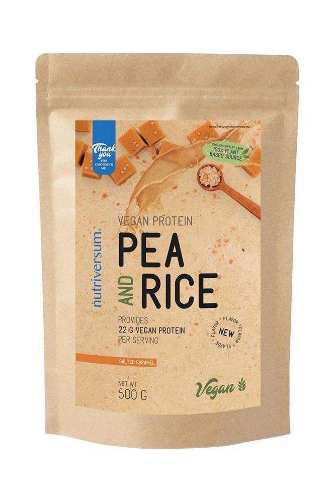 Nutriversum Pea & Rice Vegan Protein blend in a sealed package, providing 22g of vegan protein per serving.