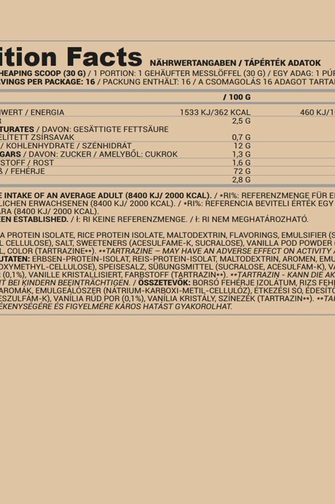 Nutriversum Pea & Rice Vegan Protein nutrition facts panel with serving size and key nutritional values.