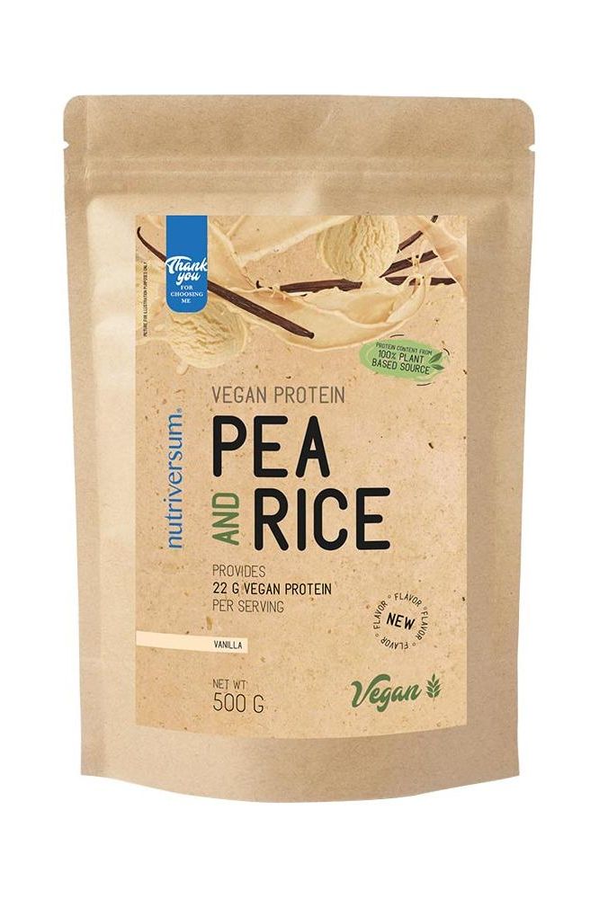 Nutriversum Pea and Rice Vegan Protein packaging, 500g, with 22g of protein per serving, lactose-free and plant-based.