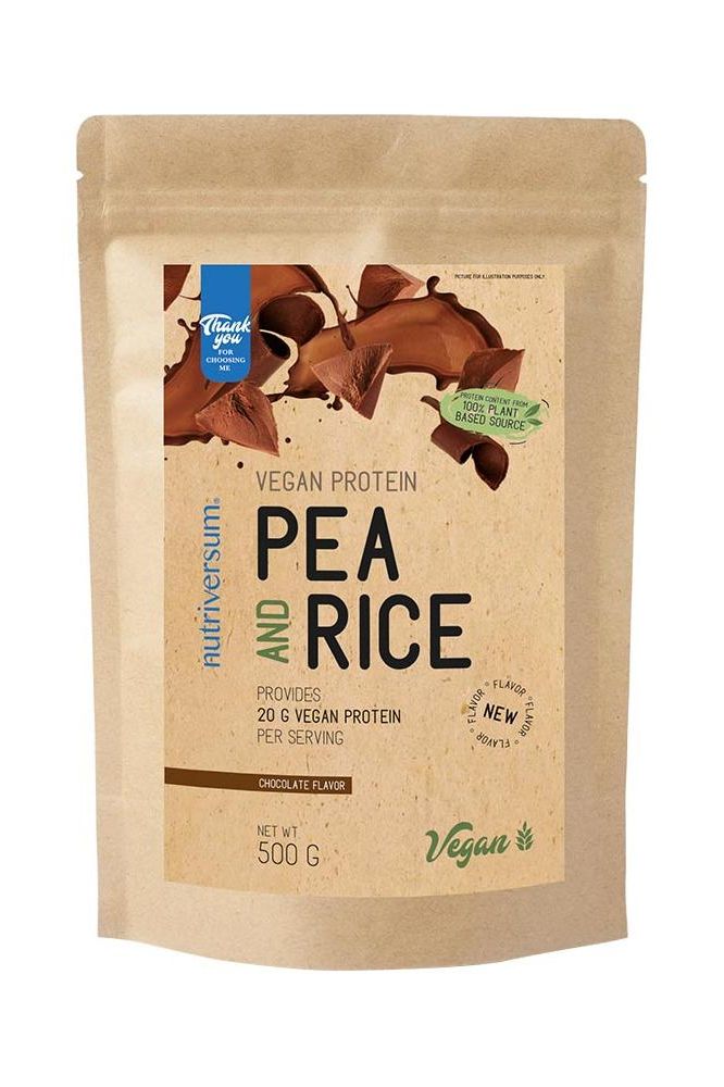 Nutriversum Pea and Rice Vegan Protein powder packaging, chocolate flavor, 500g, 20g of vegan protein per serving.