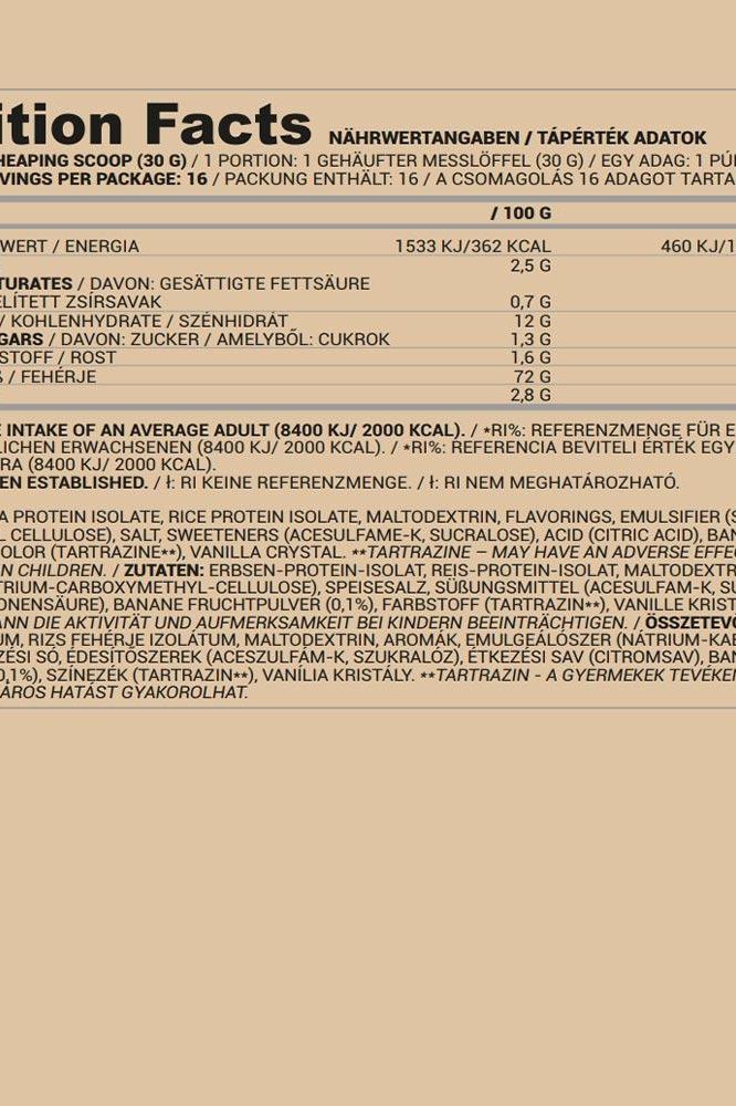 Nutriversum vegan protein nutrition facts table highlighting plant-based ingredients and protein content.