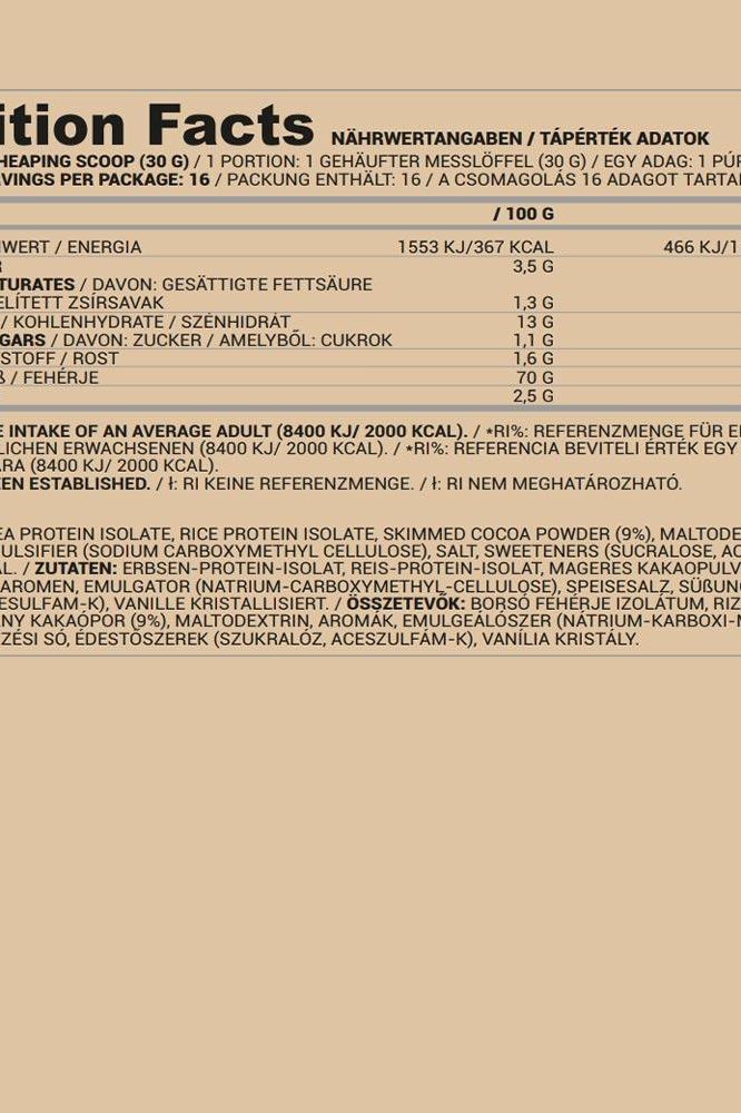 Nutriversum Pea & Rice vegan protein nutrition facts panel showing protein, calories, and ingredients information.