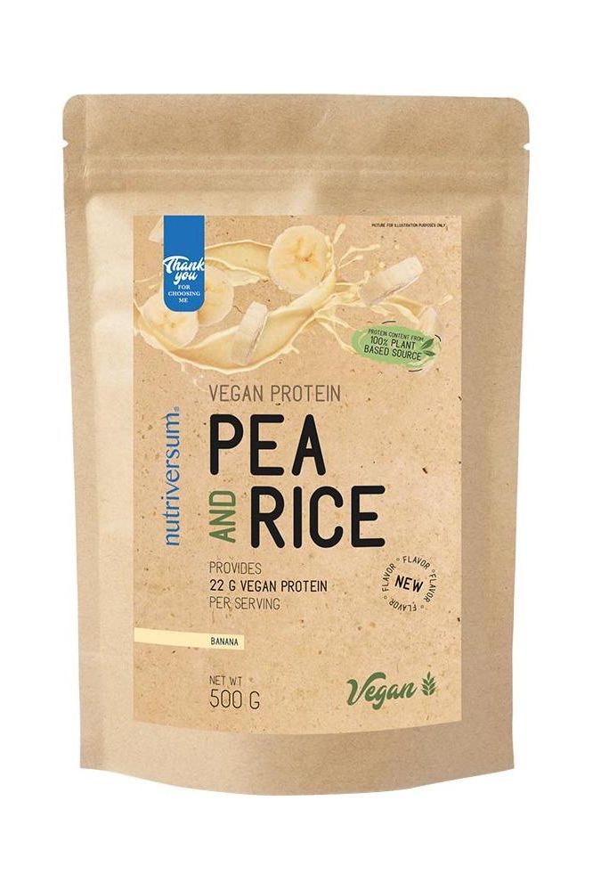 Nutriversum Pea and Rice vegan protein powder packaging, 500g, 22g protein per serving, suitable for vegans.