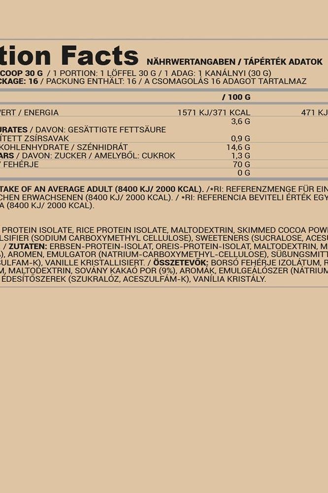 Nutriversum Pea & Rice Vegan Protein nutritional facts label, containing protein and fiber content details.