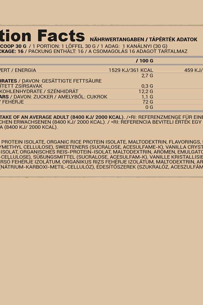 Nutrition facts for Nutriversum Pea & Rice Vegan Protein, displaying calories, protein, and ingredient breakdown.
