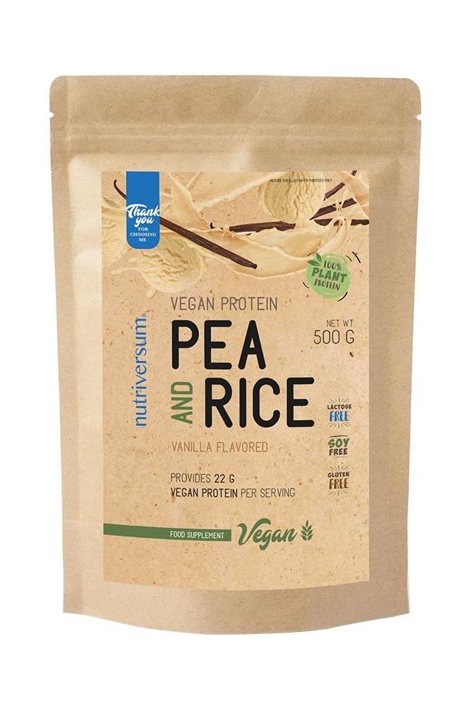 Nutriversum Pea and Rice Vegan Protein, 500g pack, vanilla flavored, 22g protein per serving, lactose-free, plant-based.