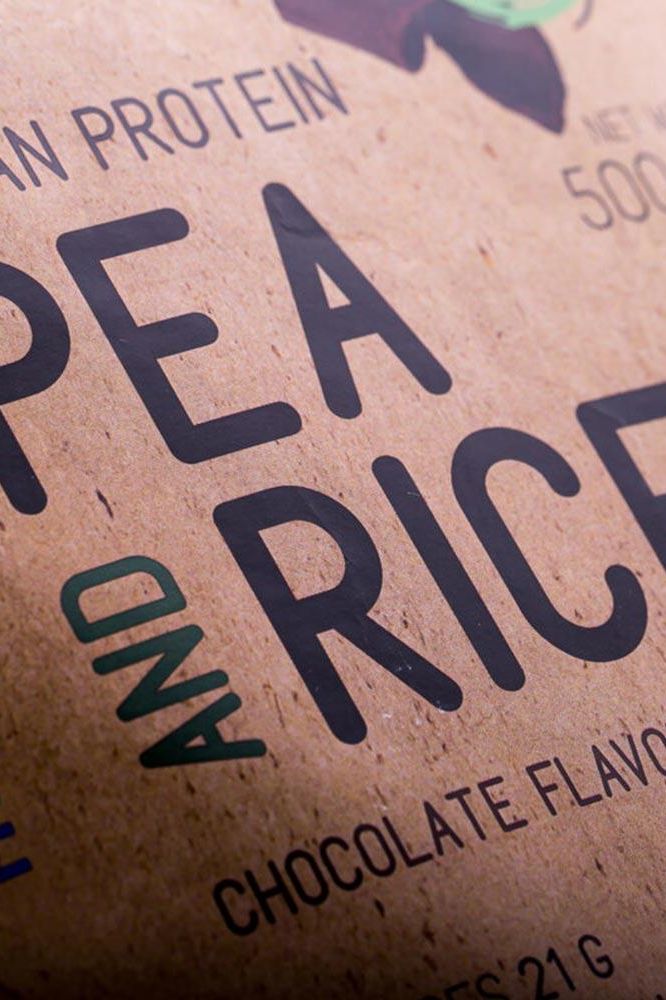 Nutriversum Pea and Rice Vegan Protein packaging with chocolate flavor, 100% plant-based protein