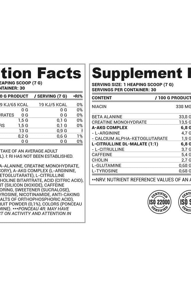 Nutrition facts and supplement details for Nutriversum PWO 2.0 FLOW pre-workout formula.