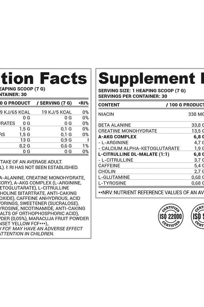 Nutrition facts and supplement details for Nutriversum PWO 2.0 FLOW pre-workout formula