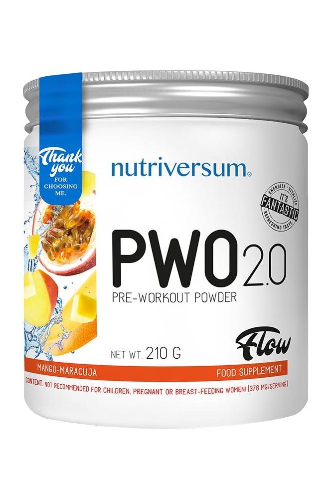 Nutriversum PWO 2.0 FLOW pre-workout powder jar with mango-maracuja flavor, 210g food supplement.