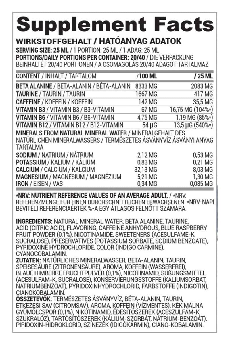 Supplement facts label for Nutriversum PWO Liquid FLOW showing ingredients and nutritional information.