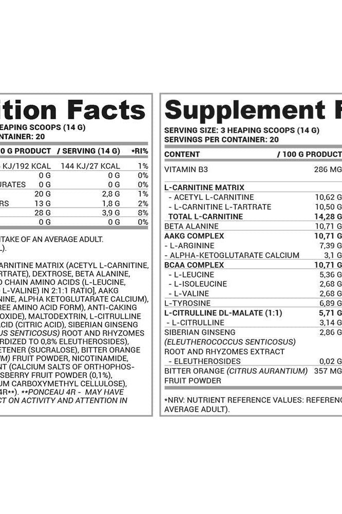 Nutrition and supplement facts for Nutriversum PWO zero caffeine - FLOW, highlighting active ingredients and serving size.