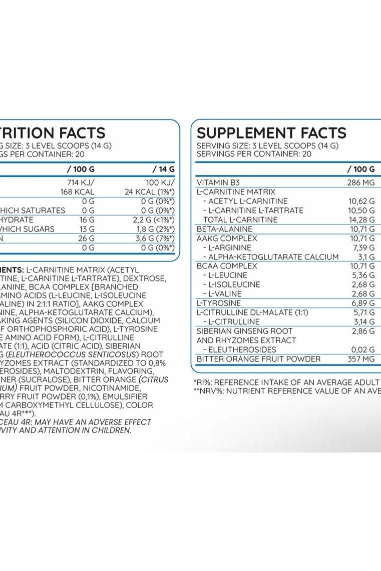 Nutrition and supplement facts for Nutriversum PWO Zero Caffeine, Raspberry, 280 g product.
