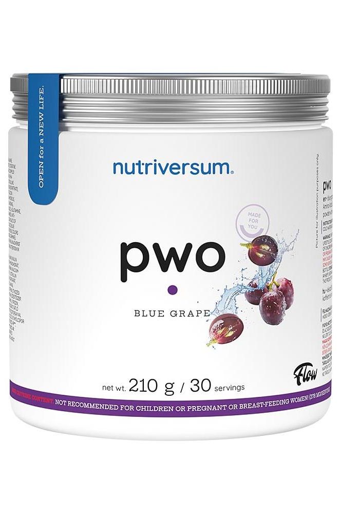 Nutriversum PWO Blue Grape pre-workout supplement in a 210g container, featuring a refreshing formula with key ingredients.