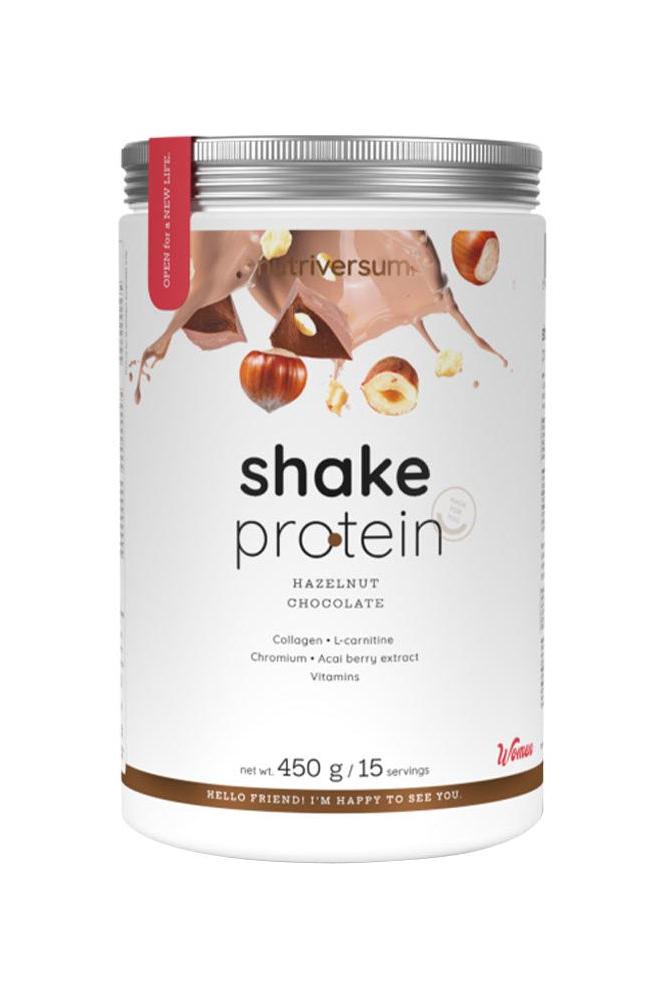 Nutriversum Shake Protein for Women in Hazelnut Chocolate flavor, 450g jar, supports muscle growth and metabolism.