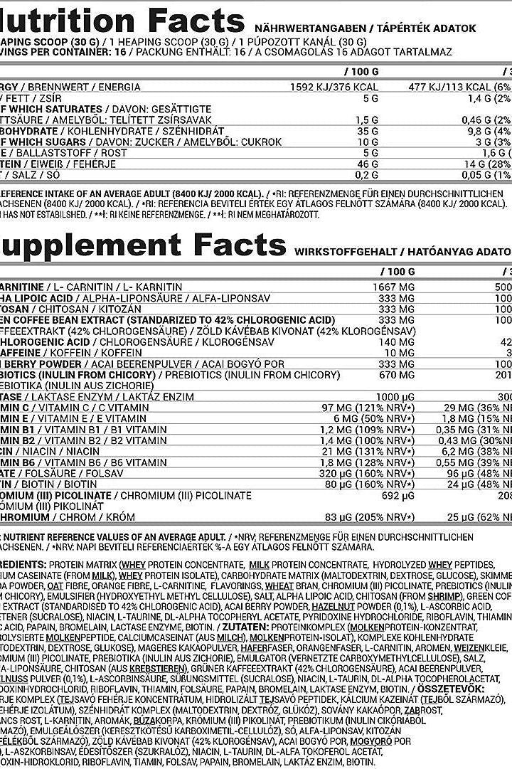 Nutriversum WSHAPE Shake nutrition facts panel detailing calories, nutrients, and ingredients for meal replacement.