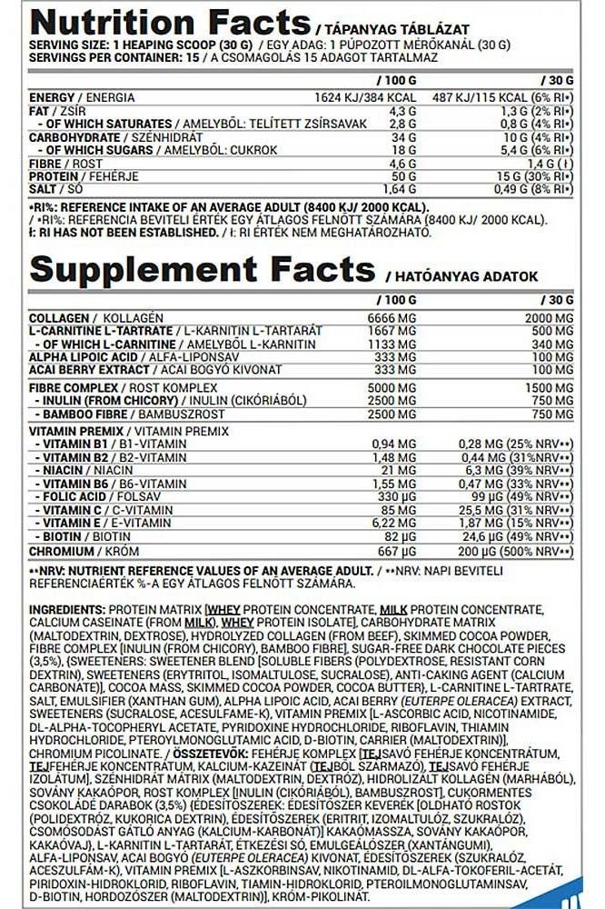 Nutriversum WSHAPE Shake nutrition facts label showing calories, vitamins, and supplements per serving.