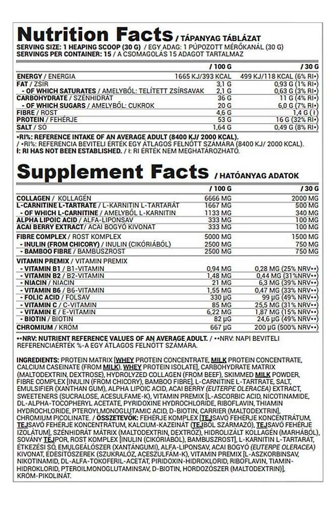 Nutriversum WSHAPE shake nutrition facts panel detailing calories, nutrients, and serving sizes for meal replacement.