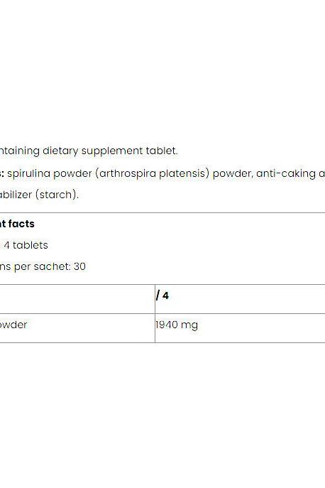 Nutriversum Spirulina VITA tablets nutrition facts and ingredients display.