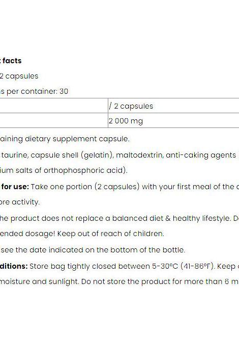 Nutriversum Taurine Caps supplement facts: contains 2000 mg per 2 capsules, usage directions and storage instructions.