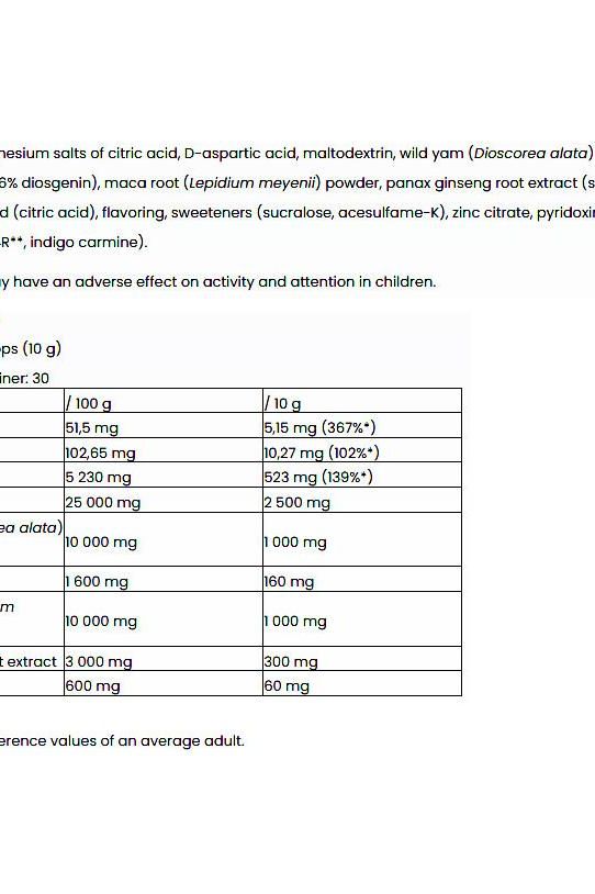 Ingredient composition and nutrition facts for Nutriversum TST Powder - Blackcurrant flavor overview.