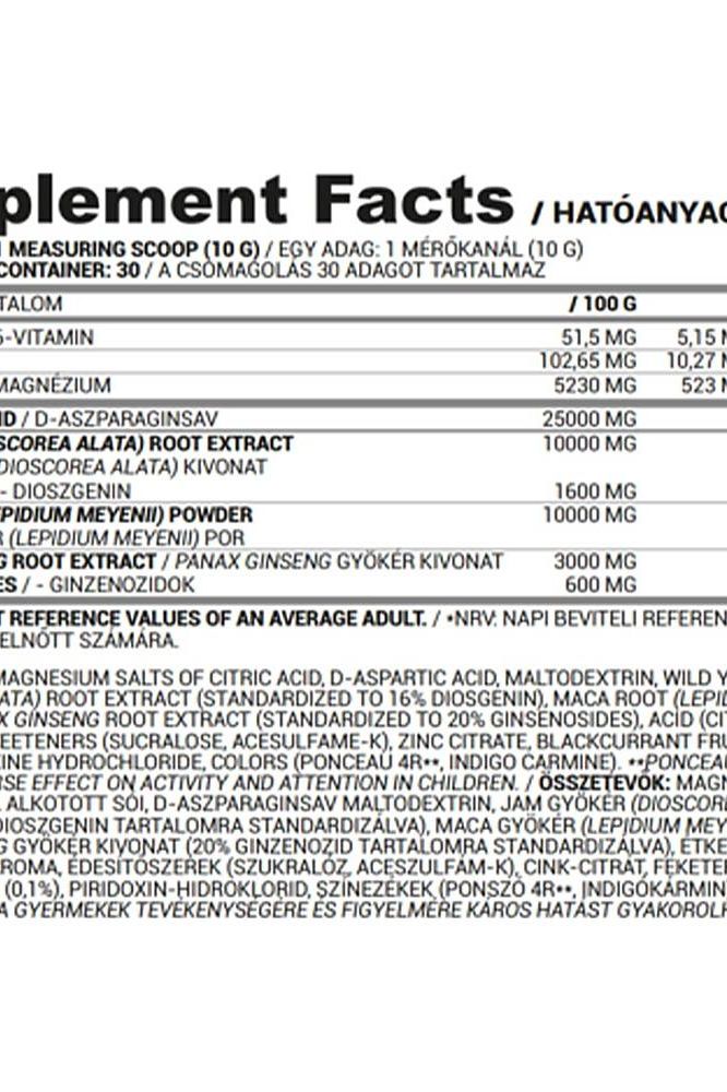Supplement facts label for Nutriversum TST Powder, detailing ingredients and nutritional information.