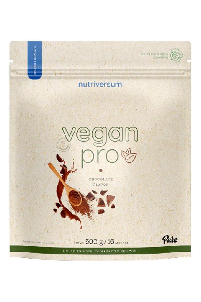 Nutriversum Vegan Pro PURE protein powder in chocolate flavor, 500g pack, ideal for vegan muscle building.
