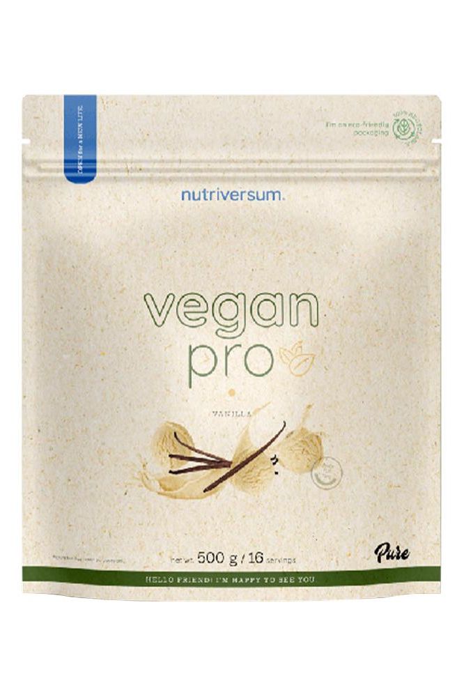 Nutriversum Vegan Pro PURE protein powder packaging, 500g, showcasing a natural vanilla flavor.