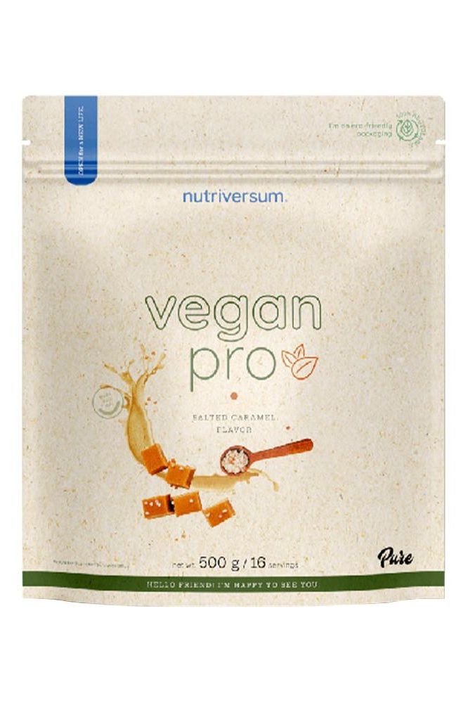 Nutriversum Vegan Pro Pure protein powder packaging featuring salted caramel flavor, 500g.