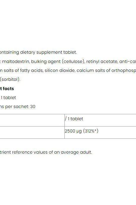 Nutriversum Vitamin A dietary supplement tablet ingredients and nutritional facts.