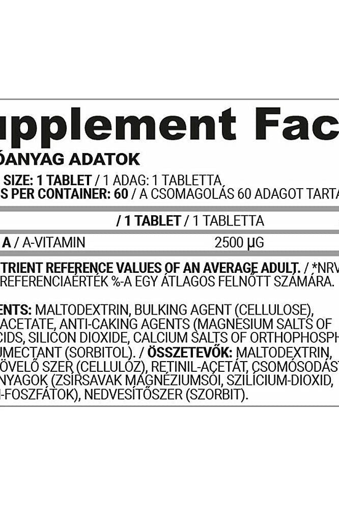 Supplement facts label for Nutriversum Vitamin A VITA tablets, highlighting 2500 µg per tablet.