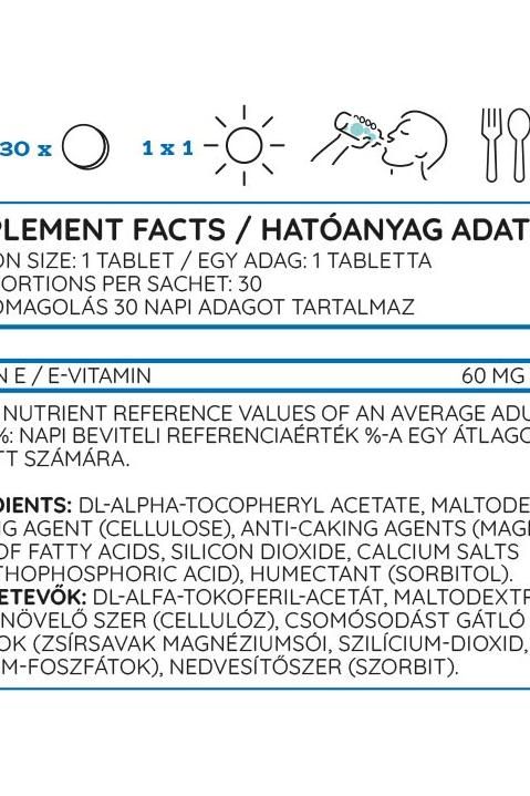 Supplement Facts for Nutriversum Vitamin E tablets detailing ingredients and daily values, highlighting antioxidant benefits.