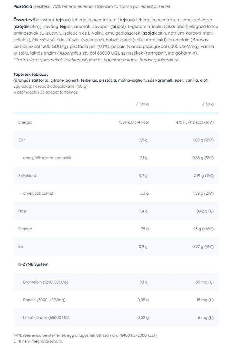 Nutrition information for Pistachio instant milkshake, including ingredients and nutritional values per 100g.